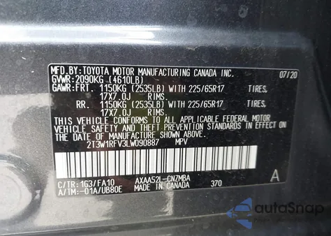 2020 Toyota Rav4 Xle z USA, uszkodzony, nr VIN 2T3W1RFV3LW090887